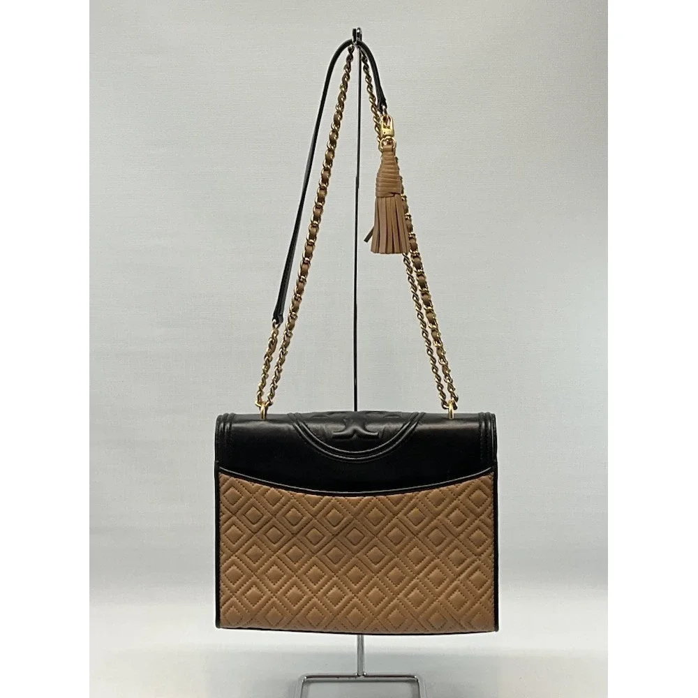 Tory Burch Fleming Quilted Colorblock Convertible Leather Shoulder Bag Black Tan